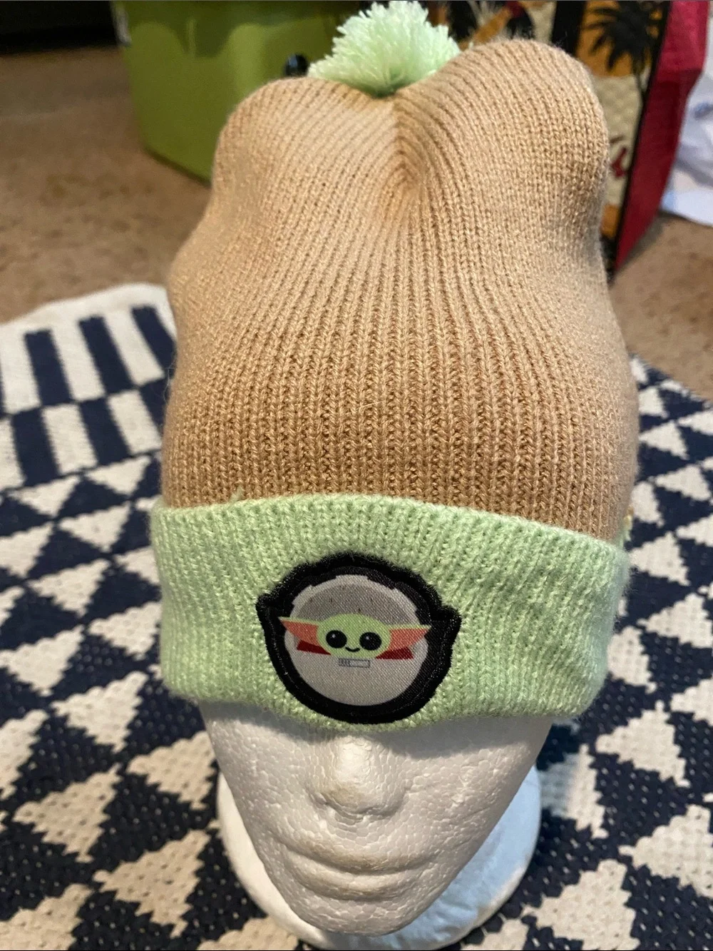 Kids Tan and Light Green Pom Beanie with Baby Grogu Patch
